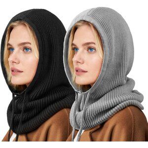 Women's Scarf Hat Balaclava Beanie Skull Cap with Drawstring Warm Black Gray